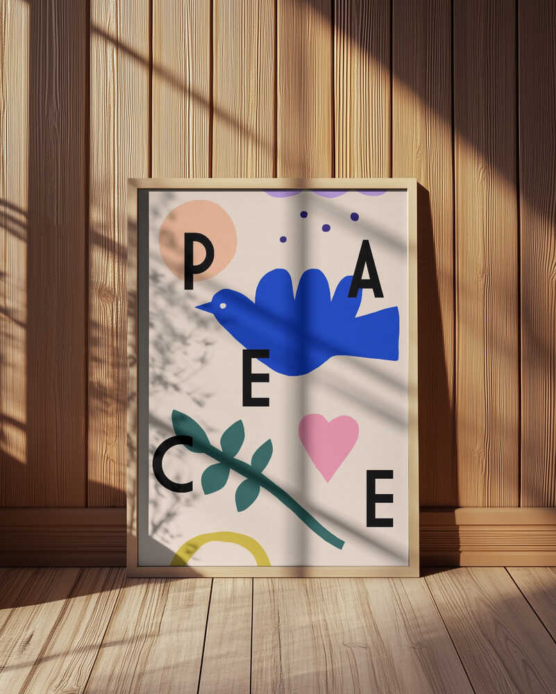 'PEACE' poster with a bird and a heart