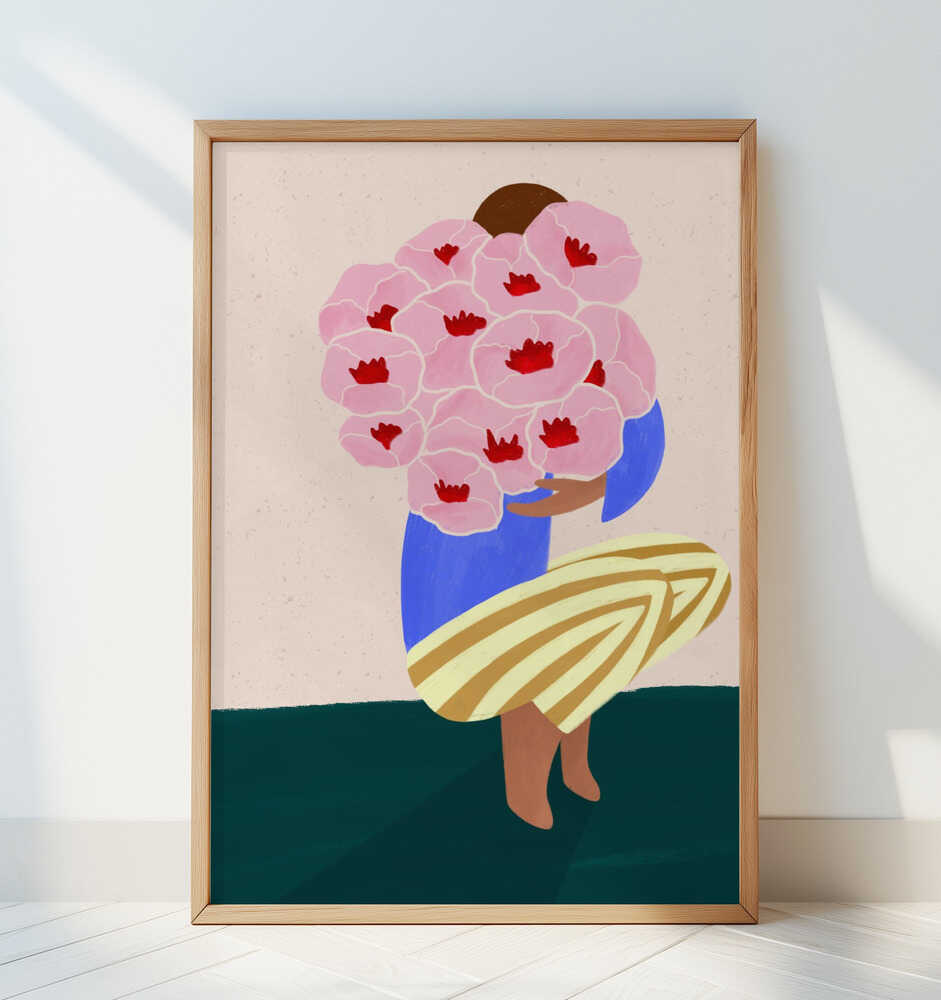 Poster of a person who's holding a big bouquet of pink flowers on a white wall