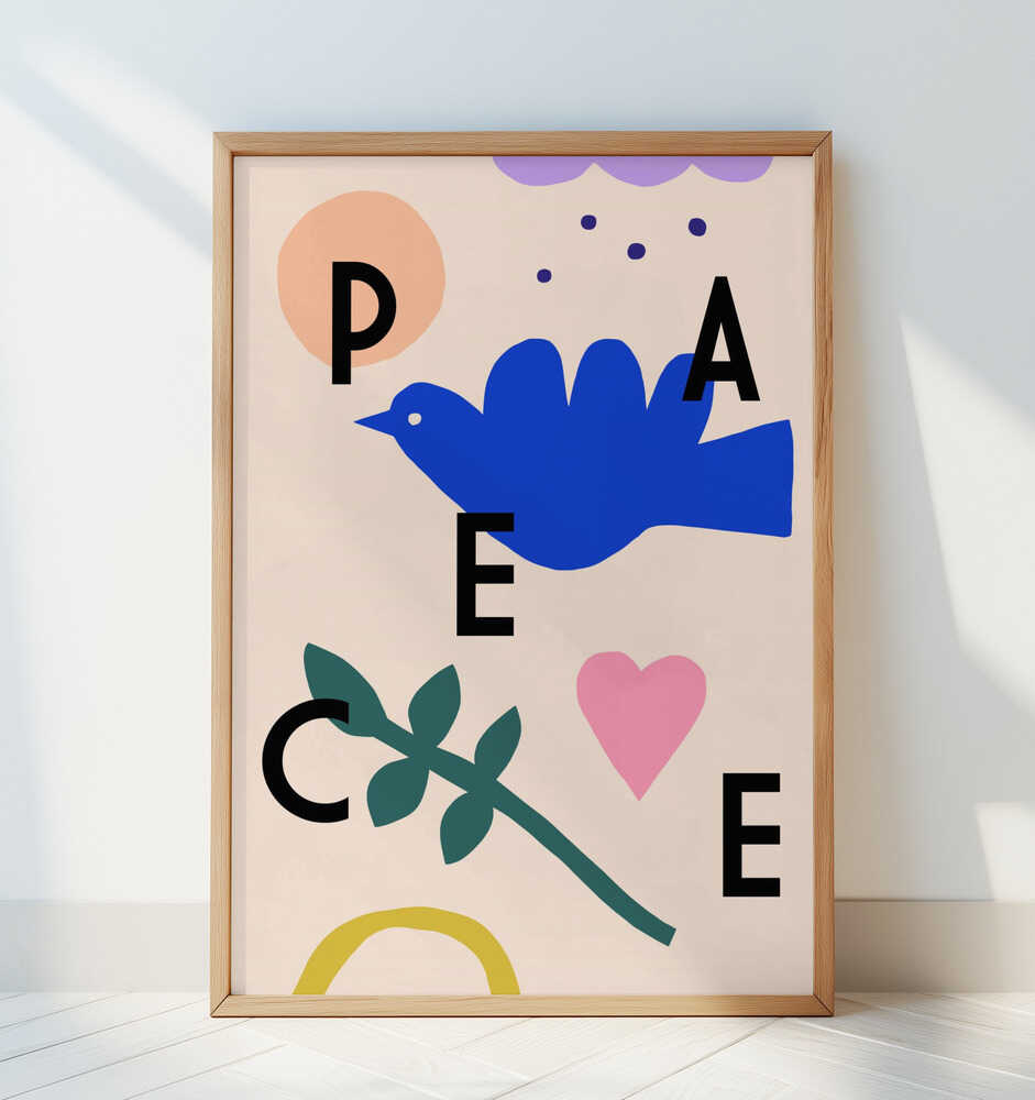 Framed 'PEACE' poster with a bird and a heart