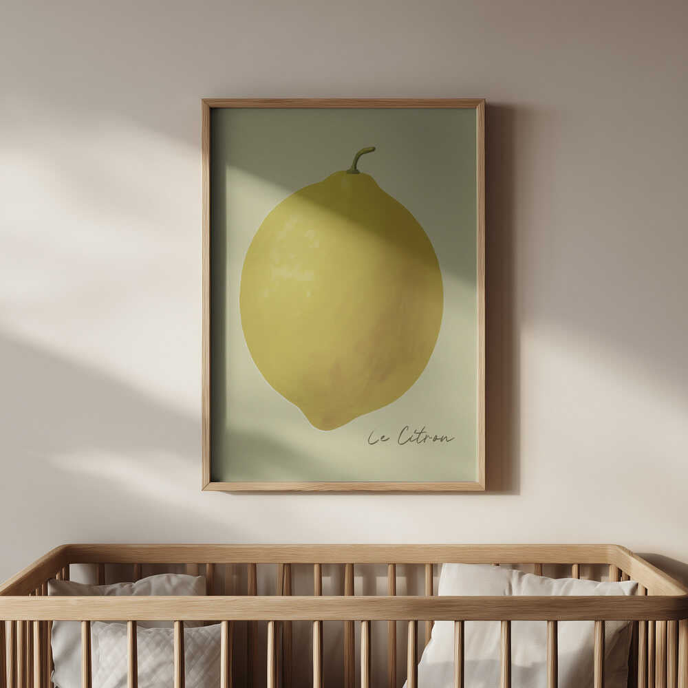 'Le citron' yellow nursery poster hanging on the wall above the bed